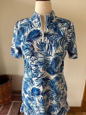 Tommy Bahama Golf White & Blue Palm-Print Zip-Up Dress